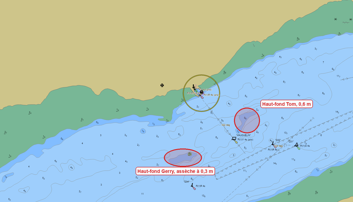 Carte marine des abords de la marina de Neuville : alignement d'approche à 322 degrés, bouée Vauquelin, profondeurs et chenal du Saint-Laurent, avec deux haut-fonds encerclés en rouge : le haut-fond Tom, 0,6 m, à l'est de l'alignement, et le haut-fond Gerry, qui assèche à 0,3 m, au sud-ouest