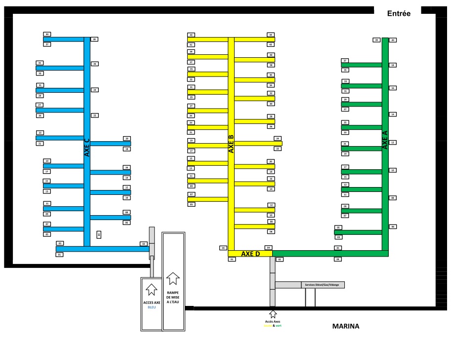 Plan du bassin : axes A, B, C et D, rampe, carburant et vidange